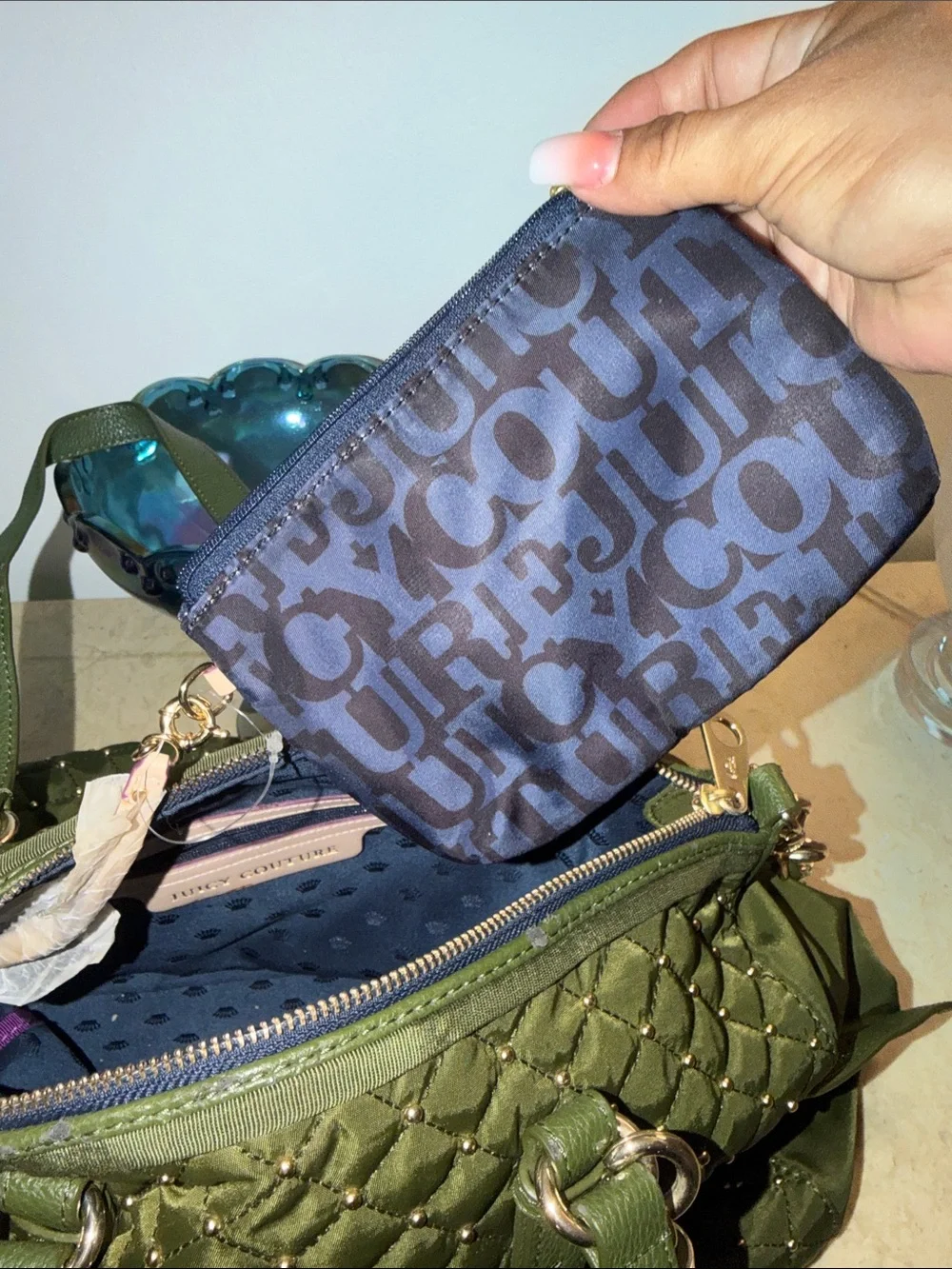 Juicy Couture Quilted Olive Green Shoulder Bag with Tassel